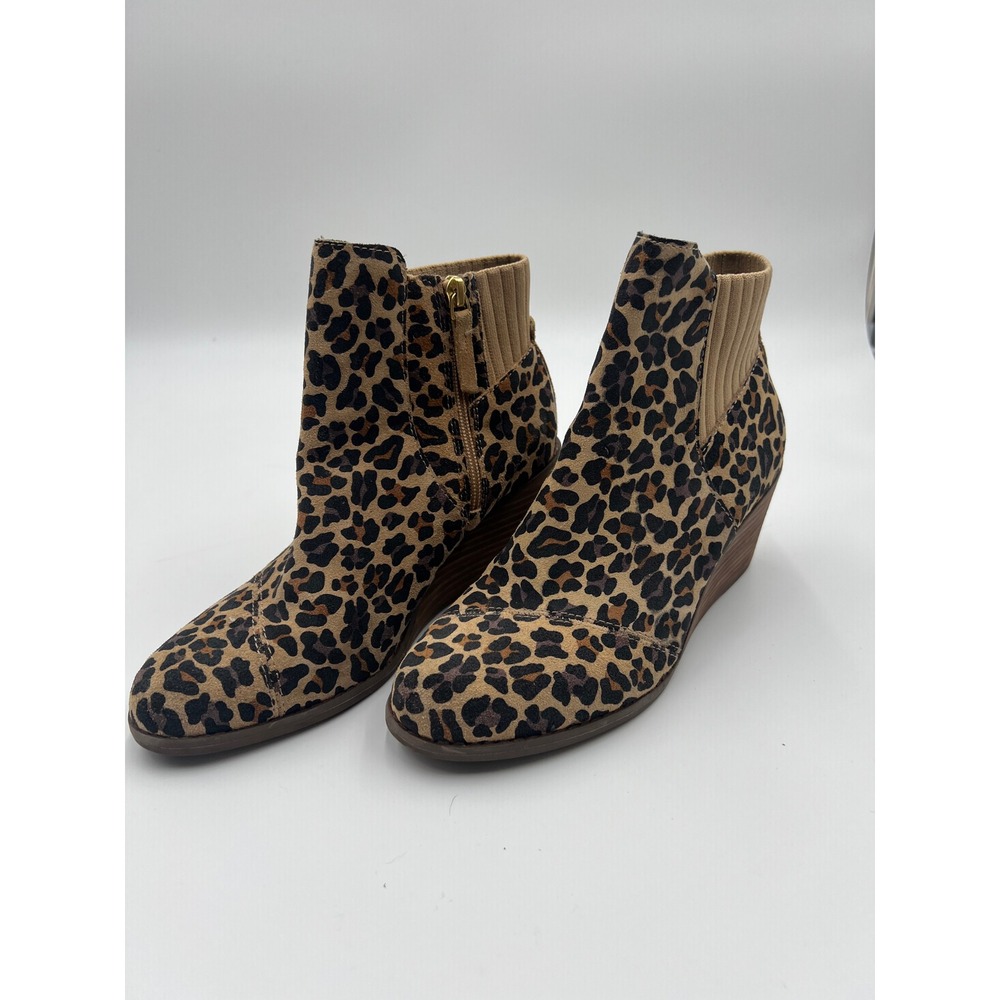 TOMS Leila Leopard Print Suede Wedge Ankle Boots Womens 7.5 Tan Black 10016839